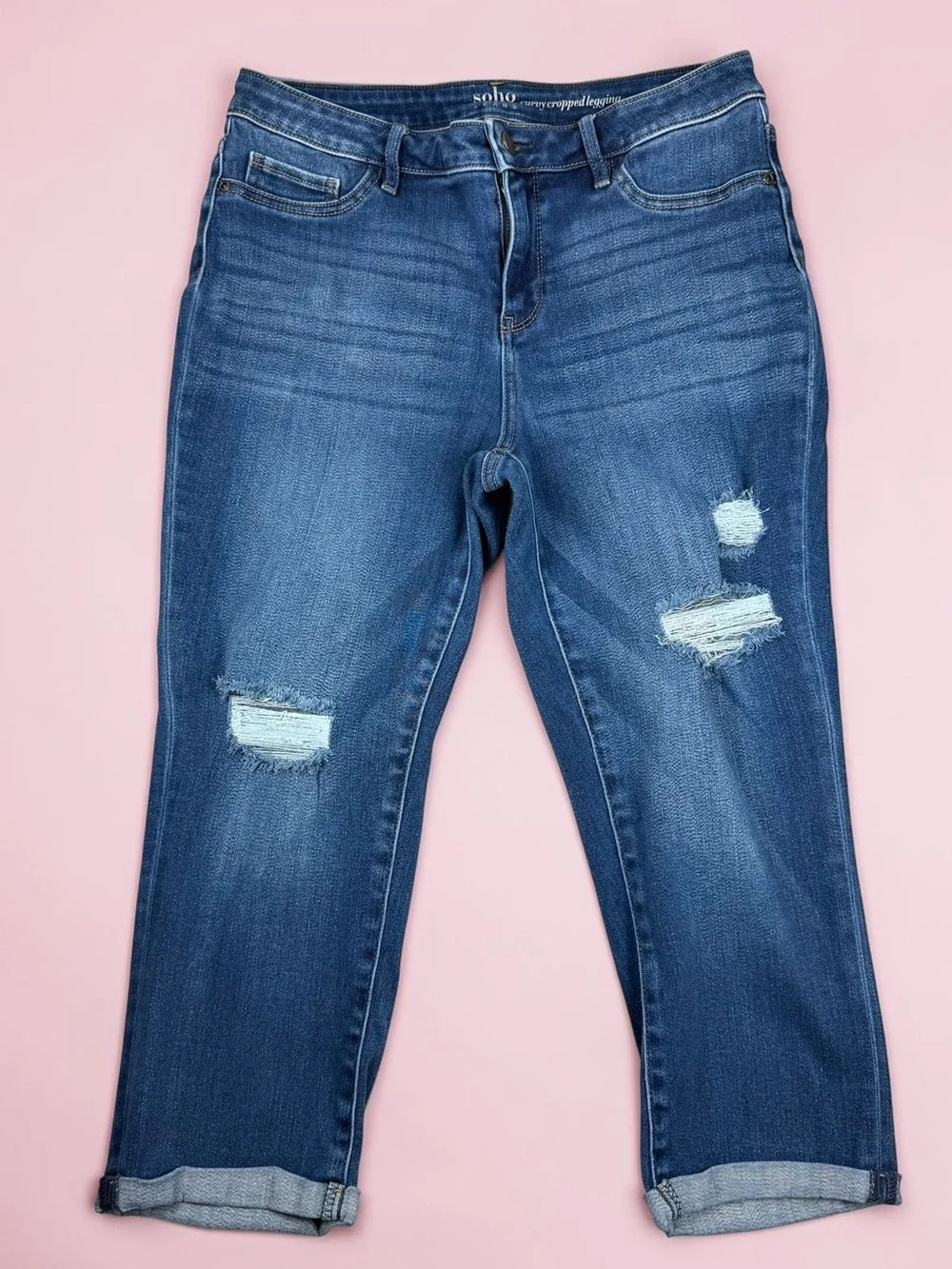 SOHO New York & Company Curvy Cropped Jeans Size 12 Distressed Stretch Denim